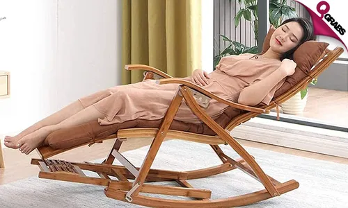 Bamboo Recliner Rocking Chair with Cushion & Footrest Massage Plate!